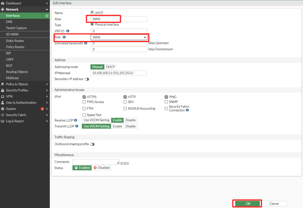 10 set port2 wan mode fortigate