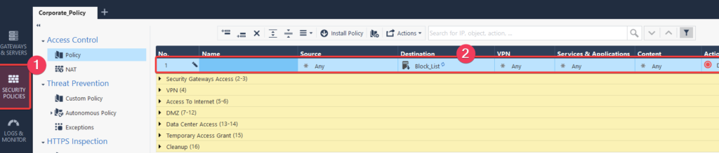 Security policy selection field